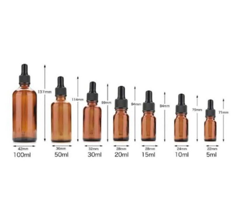 Amber dropper bottles with black lids