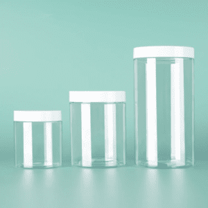 transparent pet jar with white lid