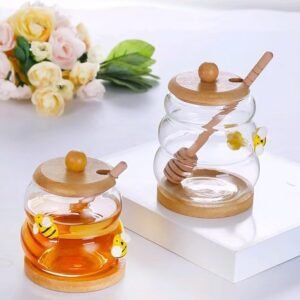 transparent honey jar with wooden lid