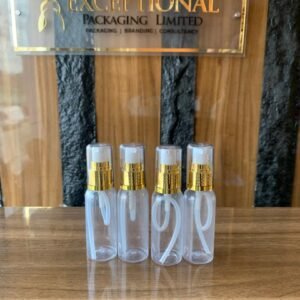 transparent pet bottle with gold and white pump